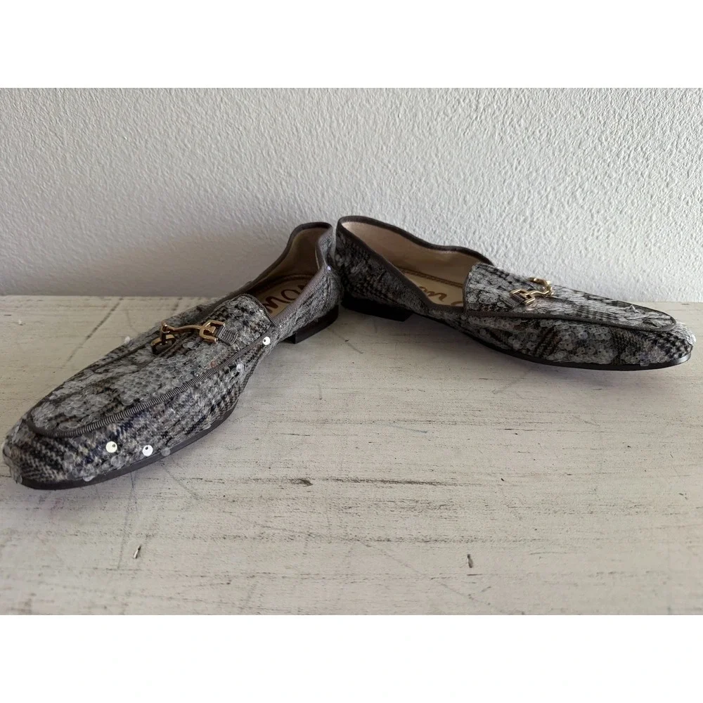 Sam Edelman Loraine Women's Loafers black gray plaid tweed multi sequin sz 9